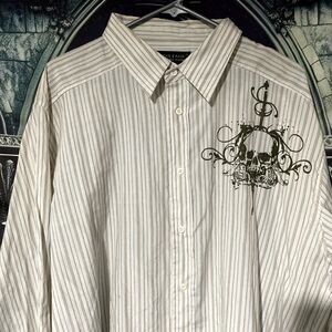 Montage Collection Button-Up Shirt Men 2XL White Polyester Striped Skull Graphic